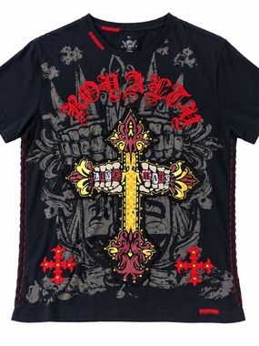 Rebel Spirit Black Tee with Red & Yellow Cross Graphic